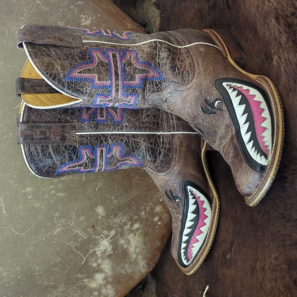 TIN HAUL "Man Eater" shark distressed leather cowgirl boots square toe sz 9.5 - Picture 11 of 16